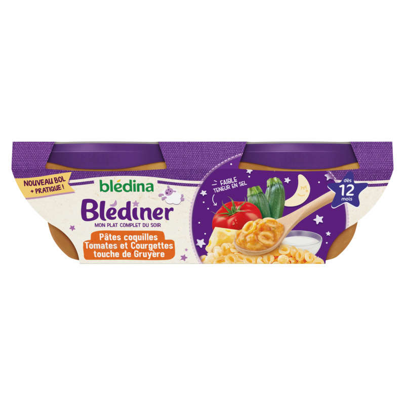 Blédina Blediner Pâtes Coquilles Tomates Courgettes Lait Dès 12 Mois 2x200g