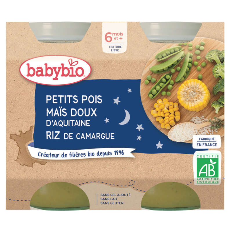 Babybio Petits pots maïs riz, petits pois, dès 6 mois, bio 2x200g