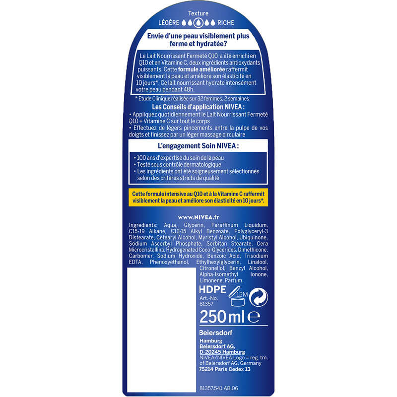 Nivea Lait Corps Nourrissant Fermeté Q10 & Vitamine C Peaux Sèches 250Ml