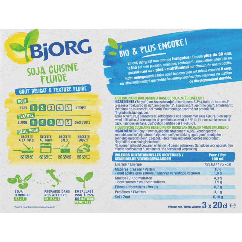 Bjorg Soja cuisine fluide Bio 3x20cl