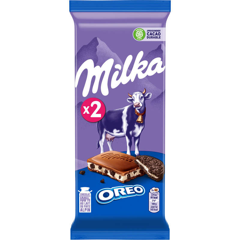 Milka Tablette Chocolat au Lait aux éclats d'Oreo 2x100 g