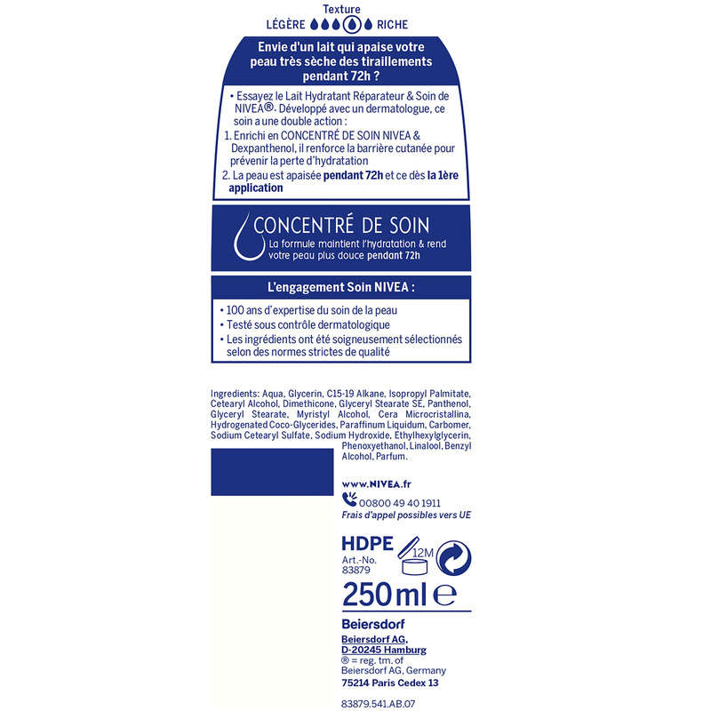 Nivea lait corps hydratant réparateur&soin 250ml