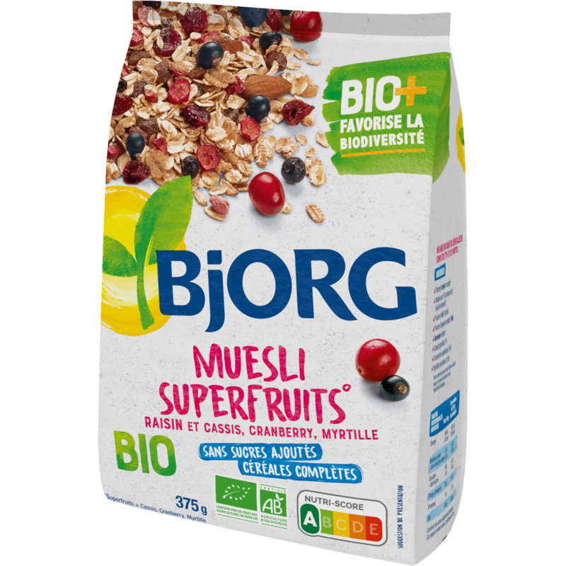 Bjorg Muesli superfruits grape, blackcurrant, cranberry, blueberry, organic 375g