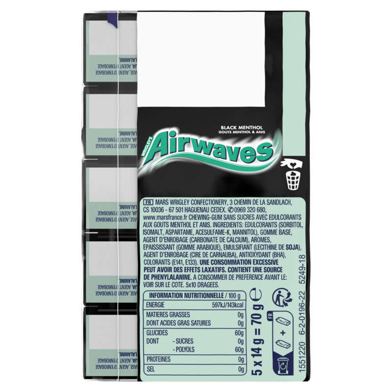 Airwaves Chewing-Gum Au Goût Black Menthol, Sans Sucres 70g