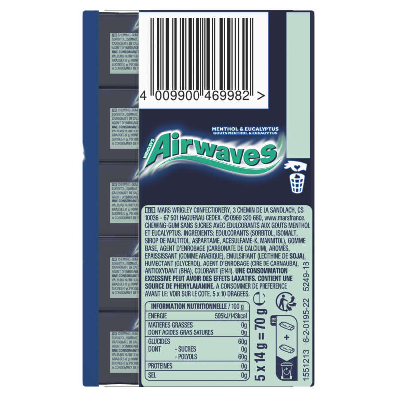 Airwaves Chewing-gum au menthol et eucalyptus sans sucres 70g