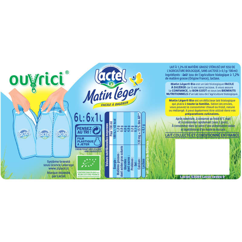 Lactel Matin Léger bio demi-écrémé bouteille 6x1 L