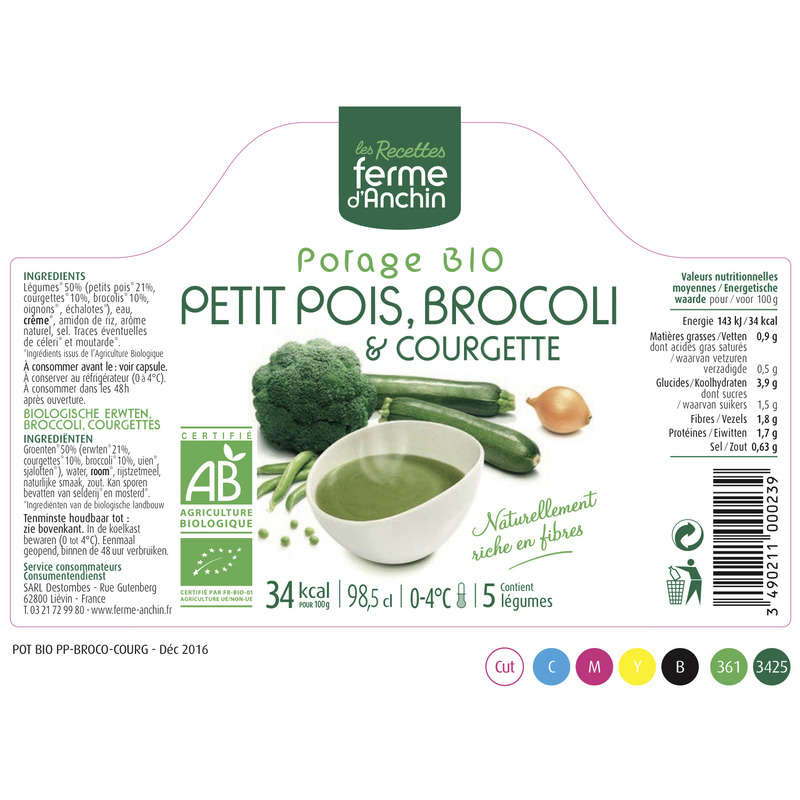 Ferme D'Anchin organic pea soup, broccoli zucchini 985ml