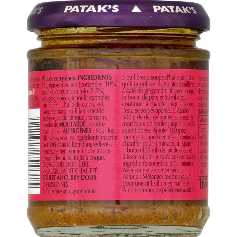 Pataks Pâte de curry doux, coriandre, cumin, ail 165 g