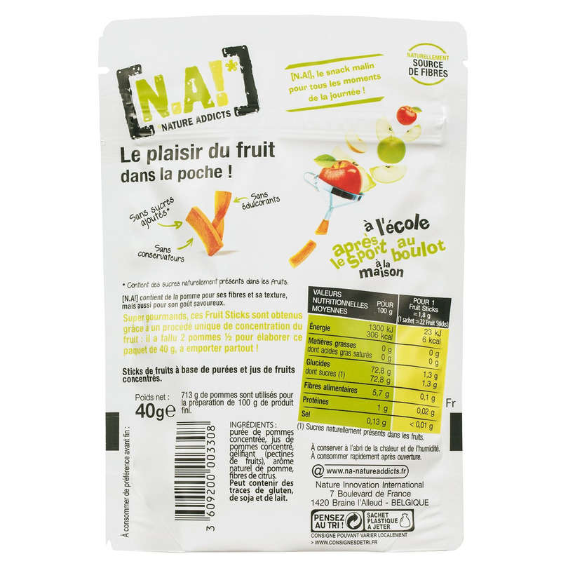 N.A! Fruit Sticks 100% Issu De Fruits, Pommes, Sans Sucres Ajoutés 40G