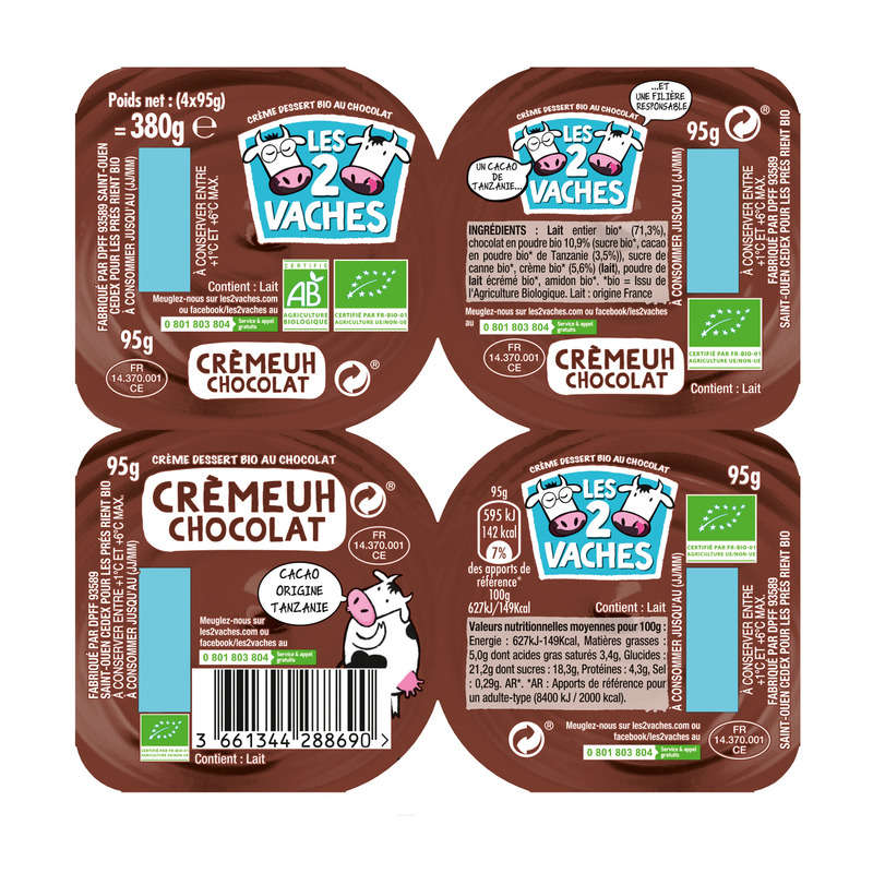 Les 2 vaches Crème dessert chocolat Bio 4x95g