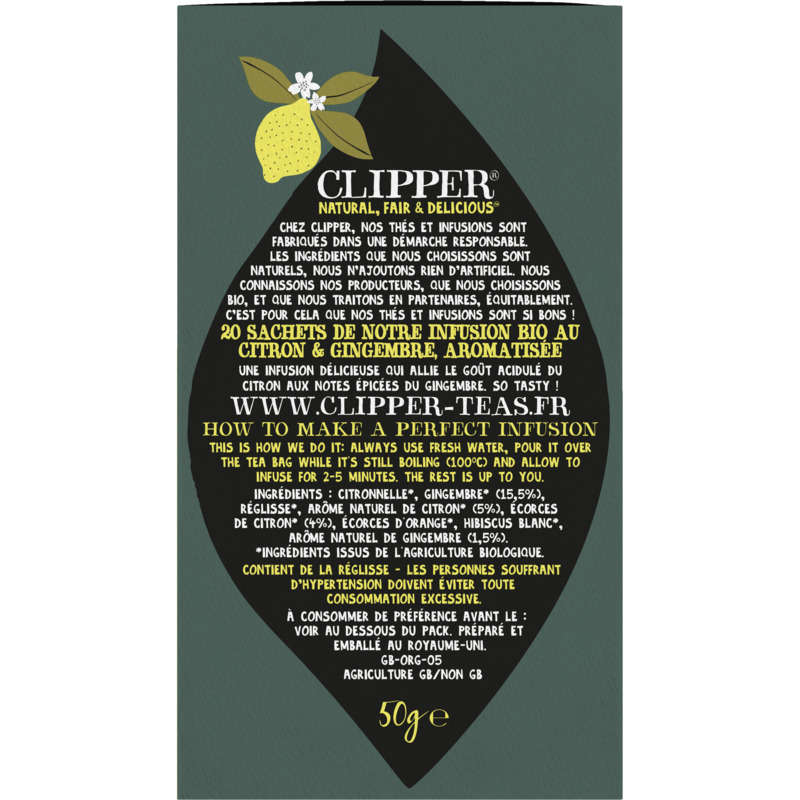 Clipper Infusion Citron & Gingembre Bio 50g