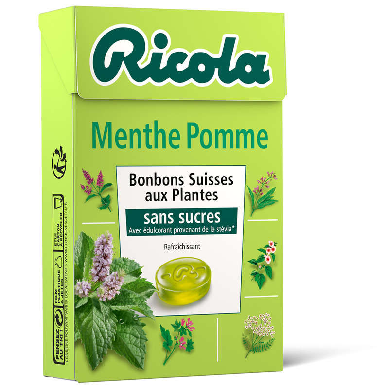 Ricola bonbons Suisses aux plantes, menthe pomme sans sucres 50g