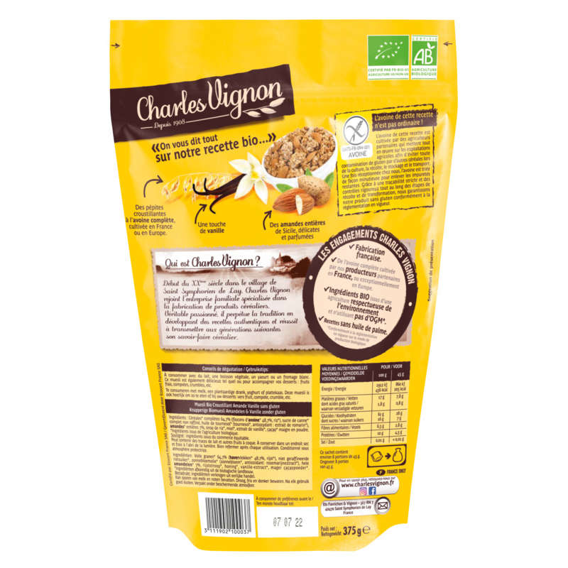 Charles Vignon Organic Crunchy Almond Vanilla Muesli 375G