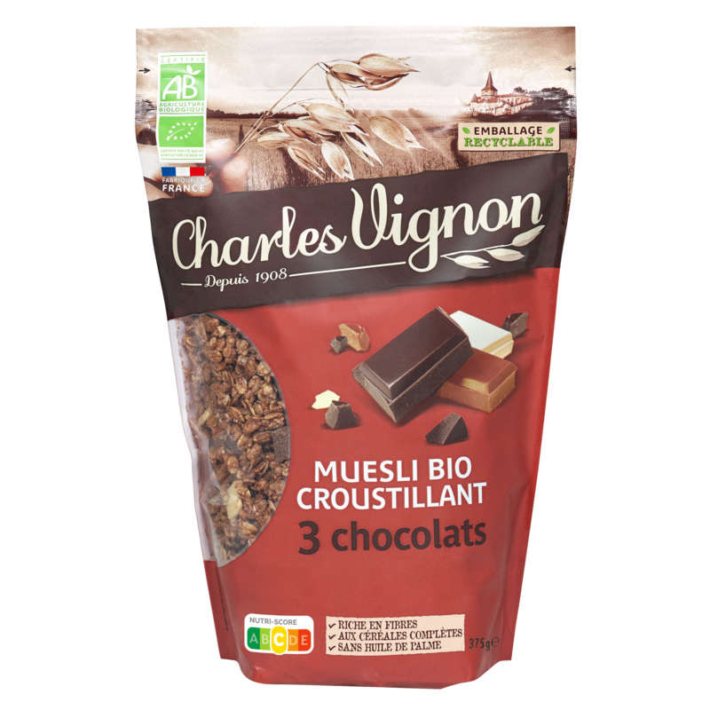 Charles Vignon Muesli Bio Croustillant 3 Chocolats 375G