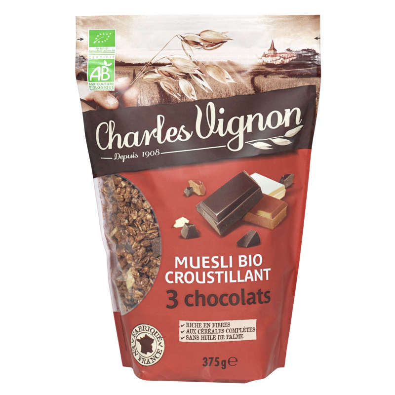 Charles Vignon Muesli Bio Croustillant 3 Chocolats 375G