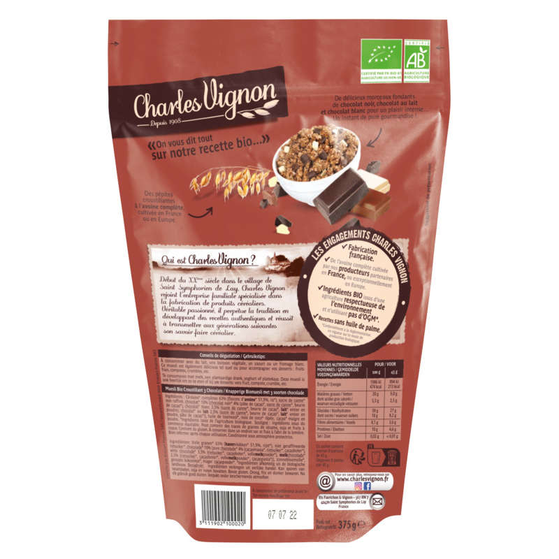 Charles Vignon Muesli Bio Croustillant 3 Chocolats 375G