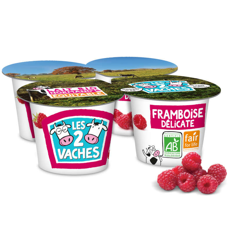 Les 2 Vaches Organic Raspberry Fruit Yogurt 4X115G