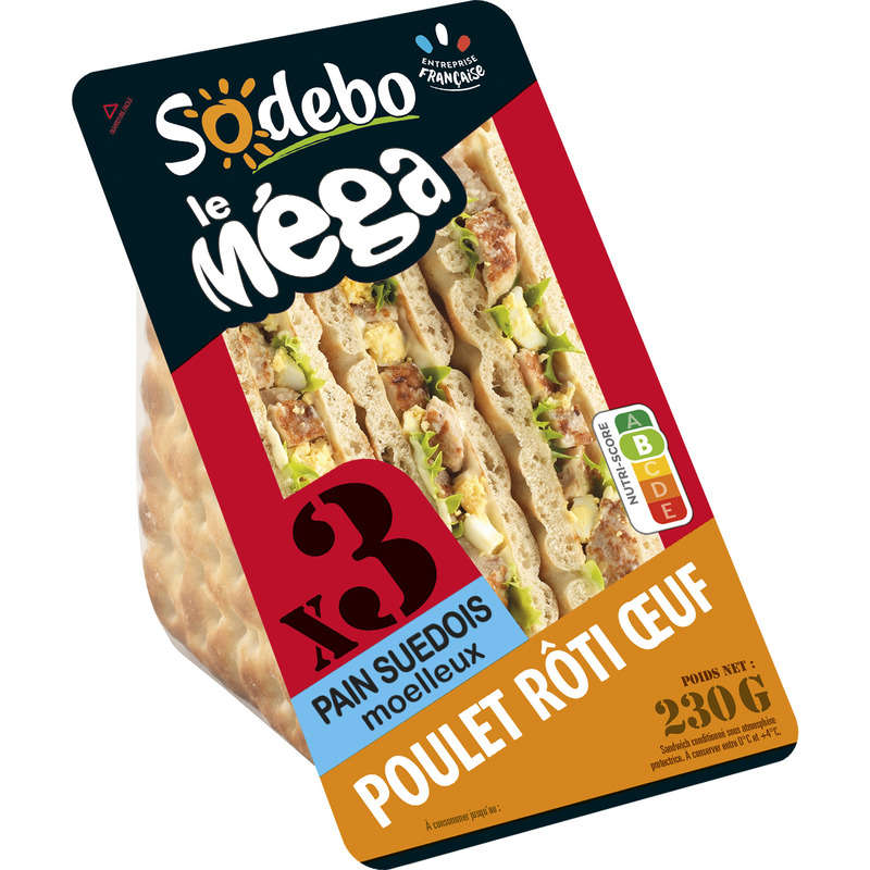 Sodebo Sandwich Méga club suédois poulet rôti œuf 230g