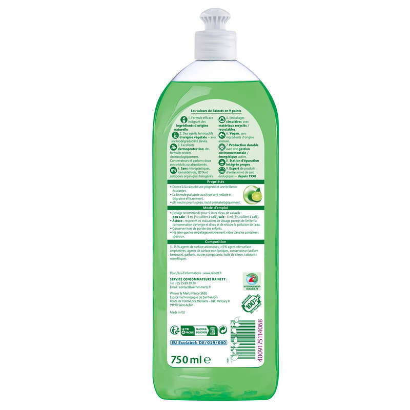 Rainett Liquide Vaisselle Main Dégraissant Citron Vert 750 Ml