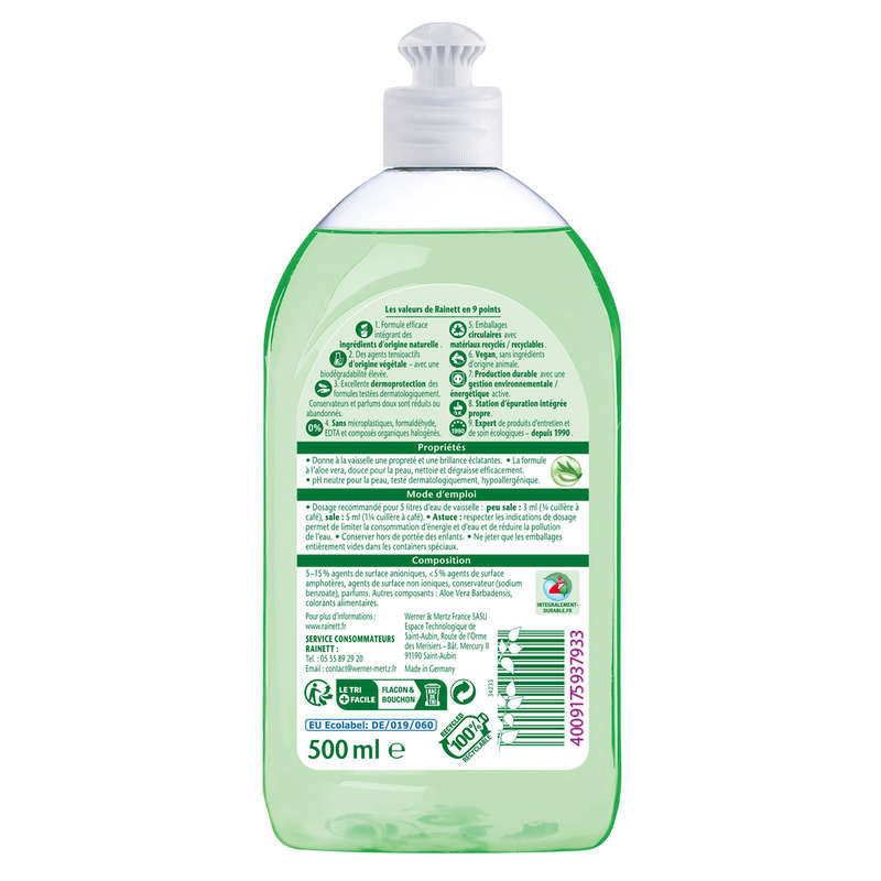 Rainett Liquide Vaisselle Peaux Sensibles Aloe Vera 500 Ml