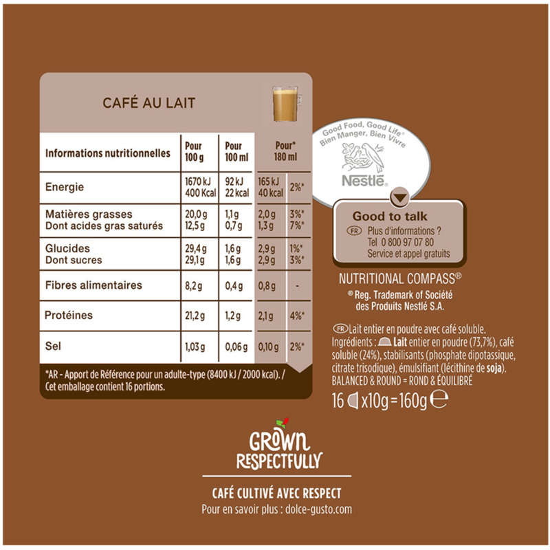 Dolce Gusto Capsules de café au lait 160g