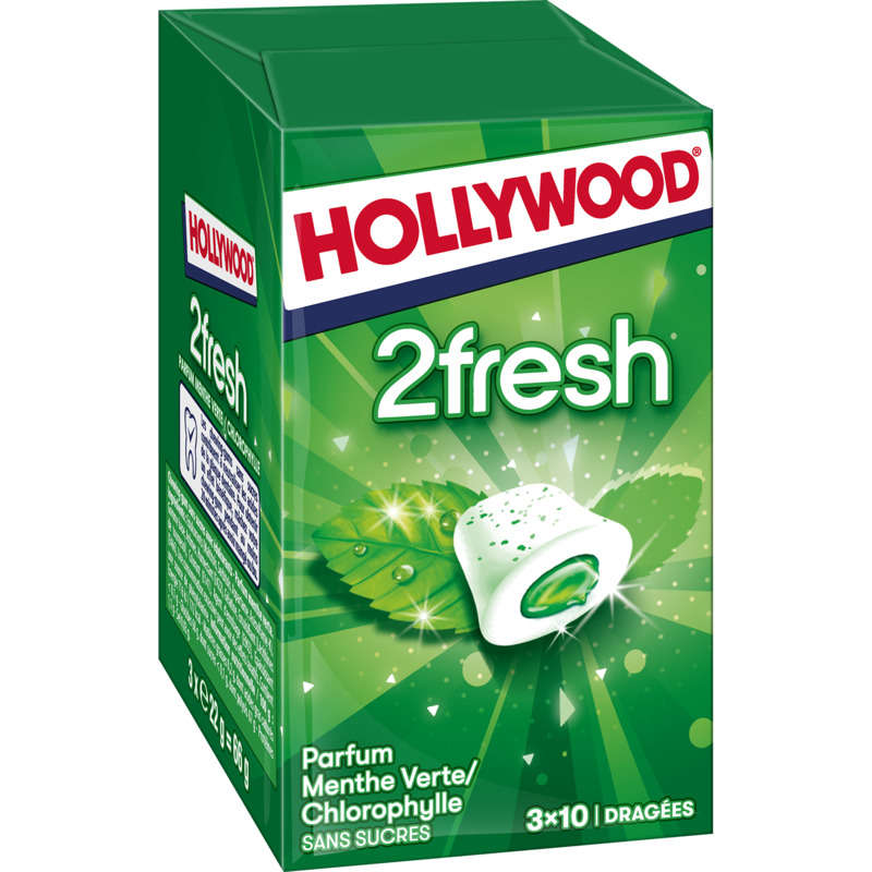 Hollywood 2Fresh Chewing-gum Menthe Verte sans sucres 66g