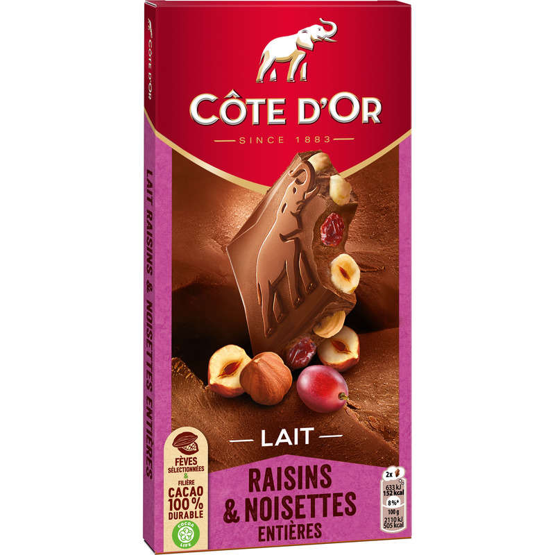 Côte d'Or Tablette Chocolat au Lait Raisins et Noisettes Entières 180g