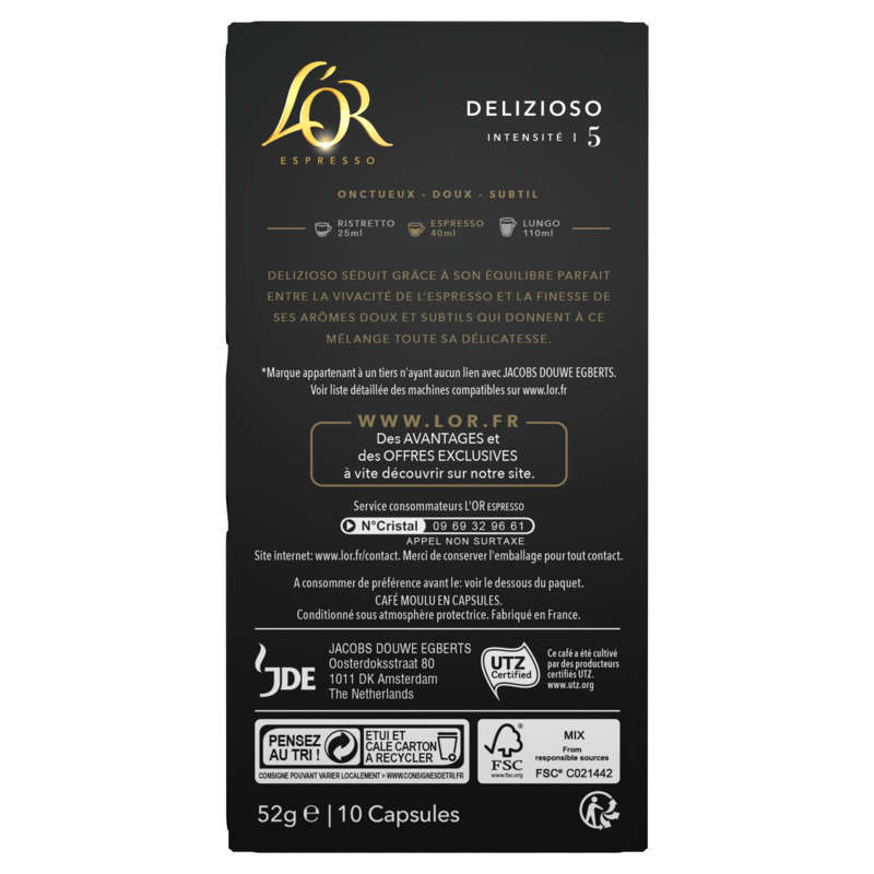 L'Or Espresso Café Delizioso intensité 5 x10 capsules 52g