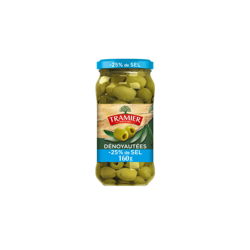 Tramier Olives vertes natures dénoyautées moins 25% de sel 160g