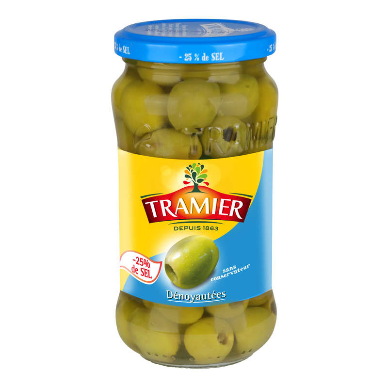 Tramier Olives vertes natures dénoyautées moins 25% de sel 160g