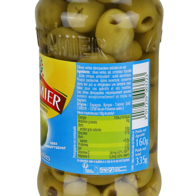 Tramier Olives vertes natures dénoyautées moins 25% de sel 160g