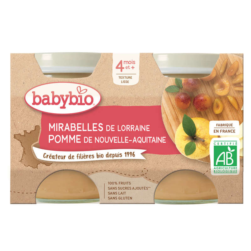 Babybio purée de mirabelle & pomme Bio 4M le pack de 2x130g