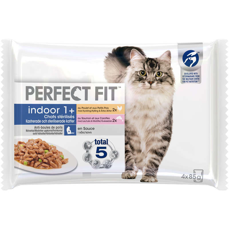 Perfect Fit Indoor Pâtée En Sauce Poulet Saumon Chat Stérilisé D'Intérieur 4X85G