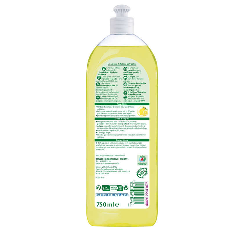 Rainett Liquide Vaisselle Main Ecologique Crème Citron 750 Ml