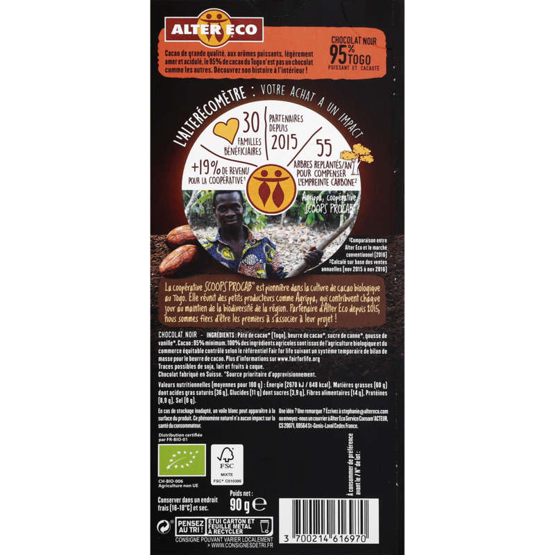 Alter Eco Chocolat Noir Togo 95% Bio 90G