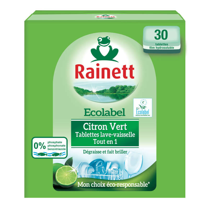 Rainett Tablettes Machine Ecolabel Lave-Vaisselle Tout-En-1 Citron Vert X30