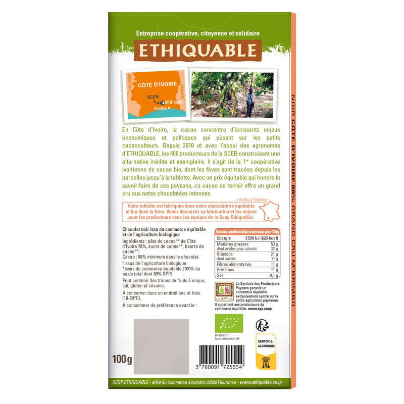 Ethiquable Chocolat Noir 88% Bio 100G