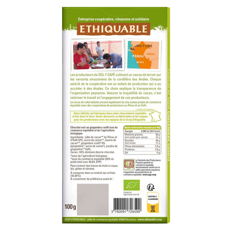 Ethiquable Chocolat Noir Au Gingembre Confit, Bio 100G