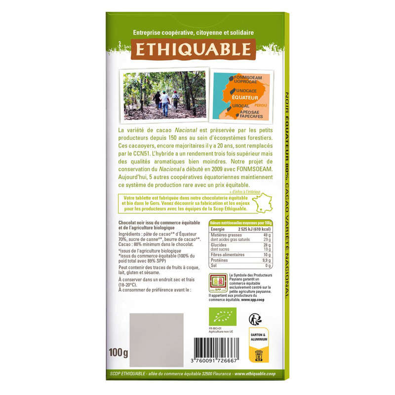 Ehiquable Chocolat Noir 80% Bio 100G