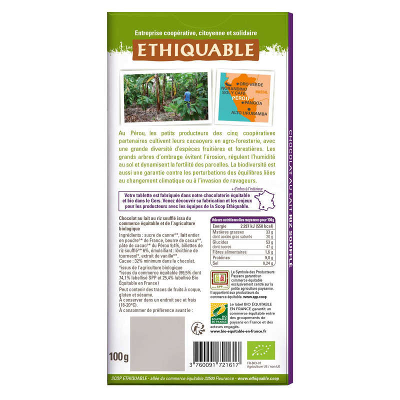 Ethiquable Chocolat Au Lait Au Riz Soufflé Bio 100G