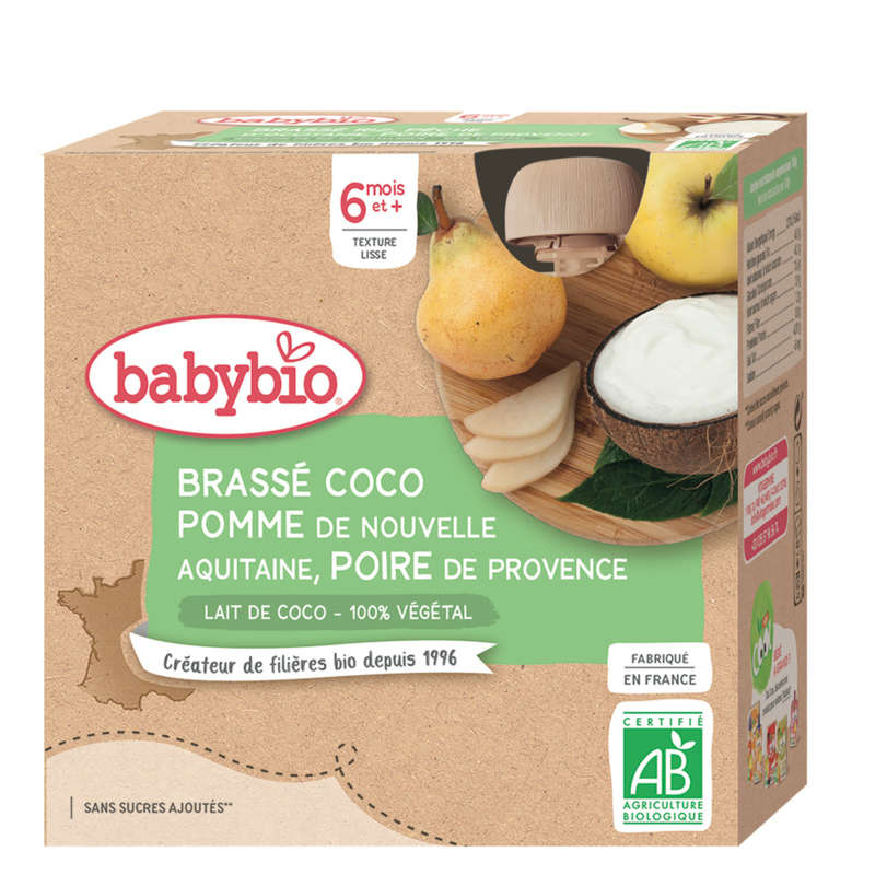 Babybio Dessert Brassé Bio Coco Pomme d'Aquitaine Poire Dès 6 mois 4x85g