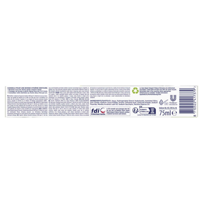 Signal Dentifrice Antibactérien Integral 8 Nature Elements Charbon Blancheur & Détox 75Ml