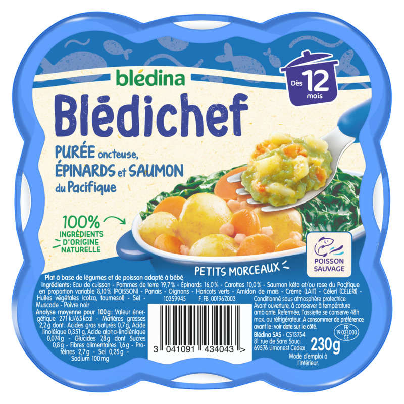 Blédina Purée Onctueuse, Épinards et Saumon du Pacifique, dès 12 Mois 230g