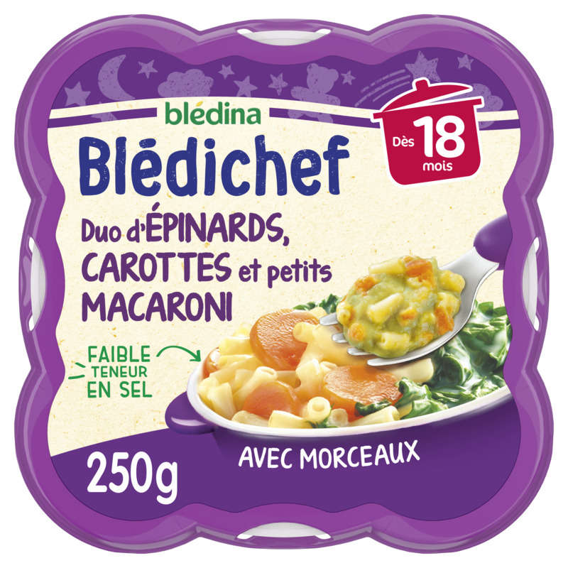 Blédina Duo of Spinach, Carrots and Small Macaroni, from 18 Months 250g