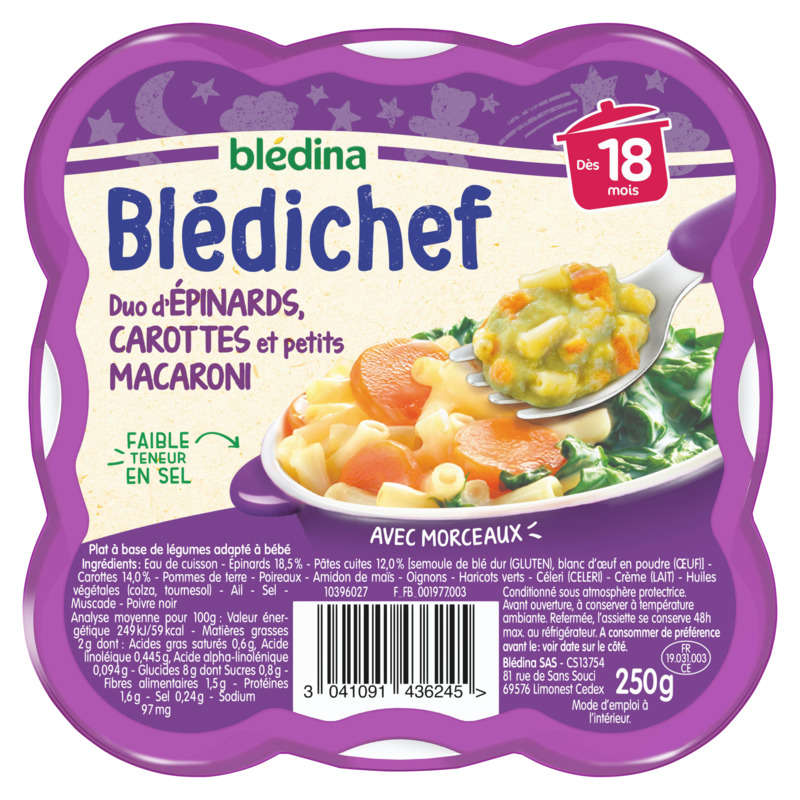 Blédina Duo d'Épinards, Carottes et Petits Macaroni, dès 18 Mois 250g