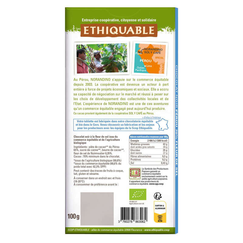 Ethiquable Chocolat noir à la fleur de sel de Camargue Bio 100g