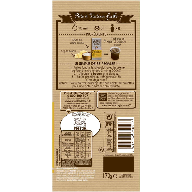 Nestlé Desser Chocolat au lait Praliné 170g