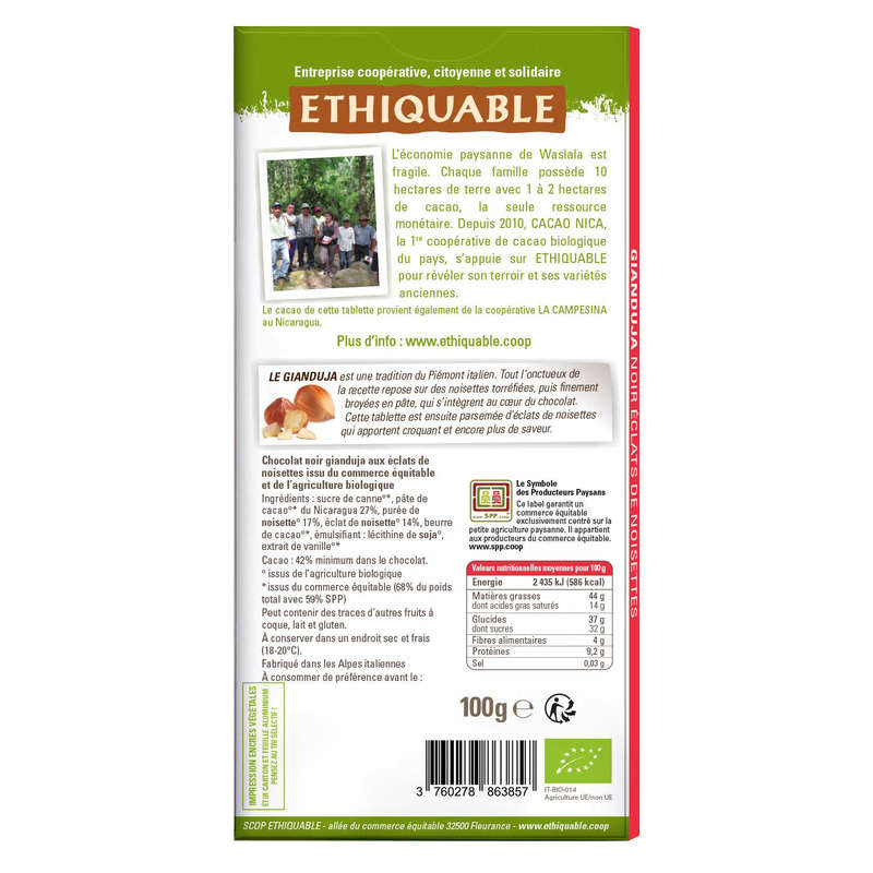 Ethiquable Gianduja Noir Eclats De Noisettes & Equitable Bio 100G