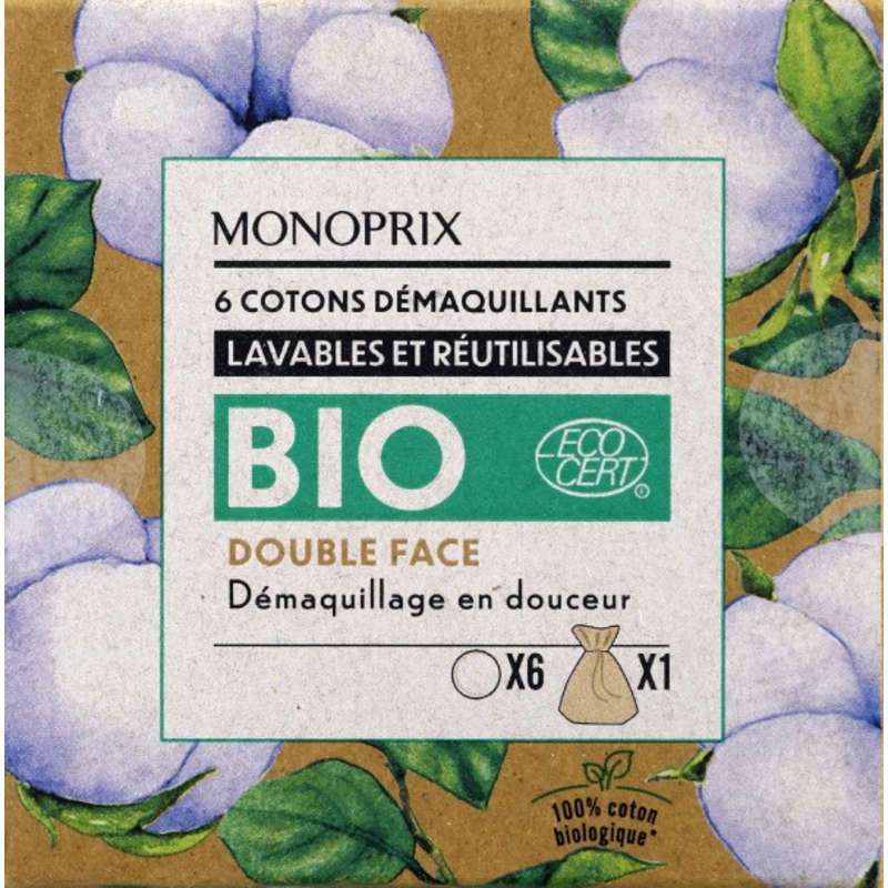 Monoprix Organic Double-Sided Washable and Reusable Makeup Remover Cotton Pads X6