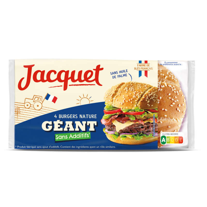 Jacquet Pain Burger Géant Nature sans additif x4 350g